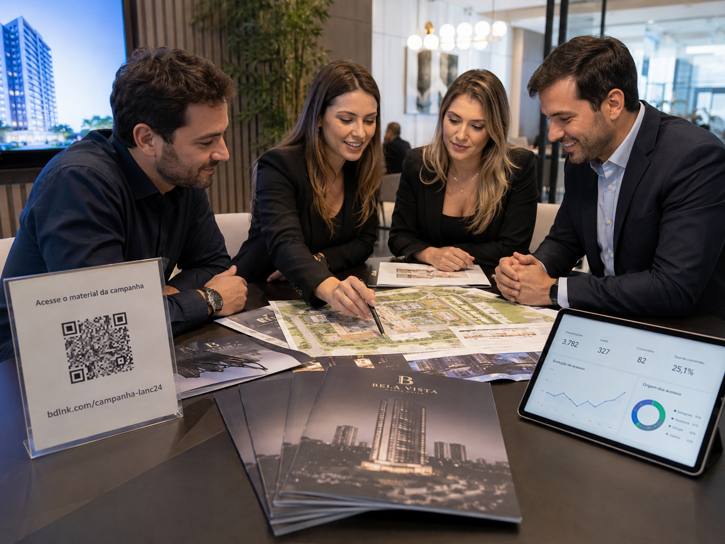 Agência criativa produzindo materiais impressos com QR dinâmico para o mercado imobiliário