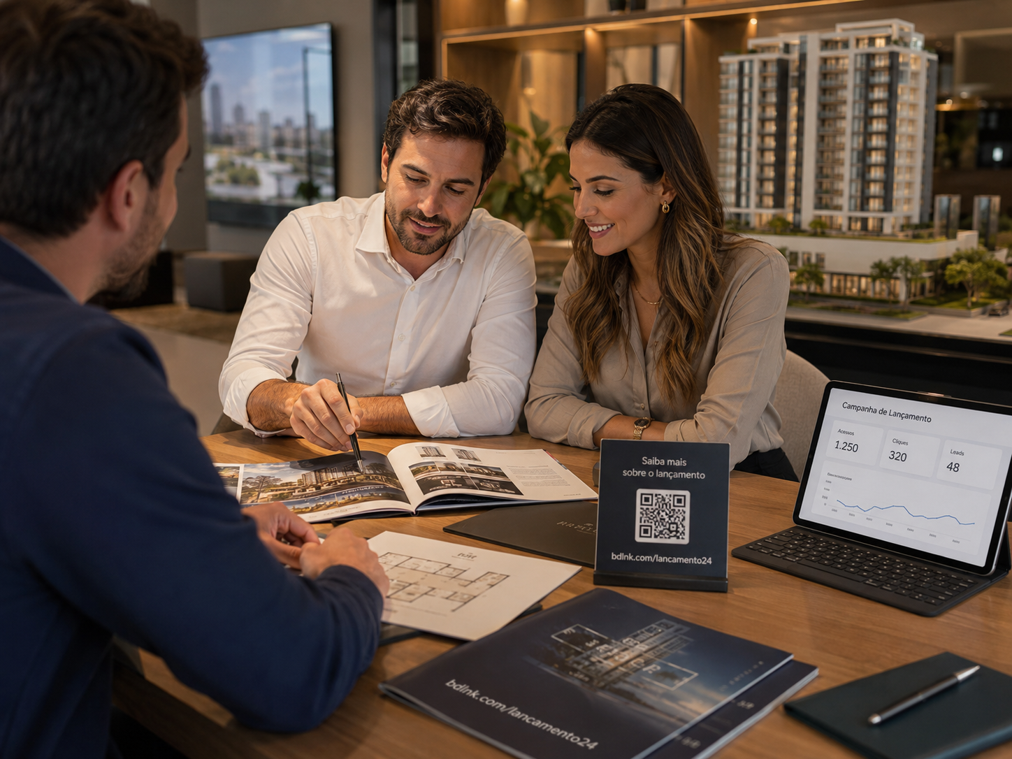 Equipe comercial de lançamento imobiliário usando materiais rastreáveis e links por corretor