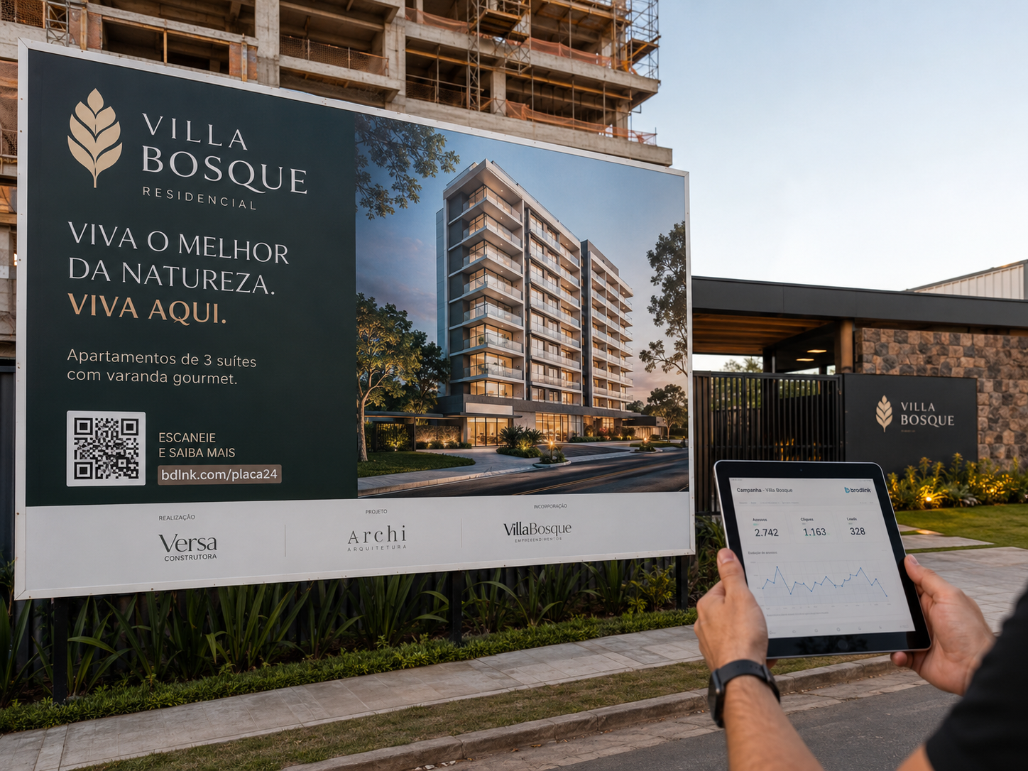 Placa de obra em canteiro de construção com QR Code rastreável de lançamento