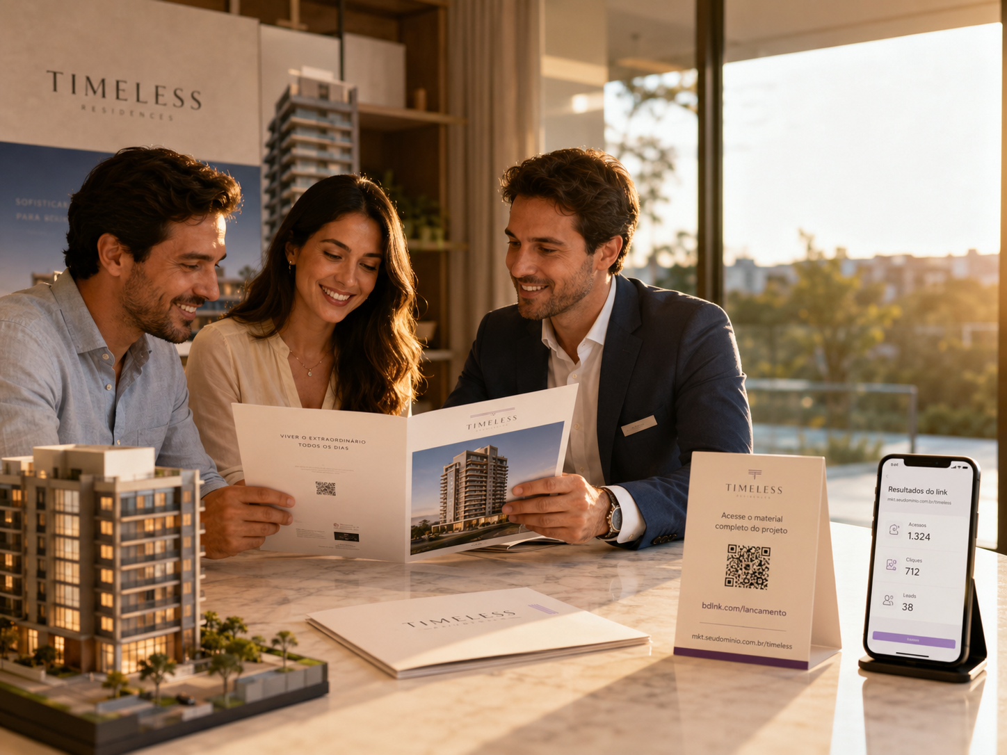 Apresentação de empreendimento imobiliário com materiais rastreáveis, QR Code e métricas de campanha