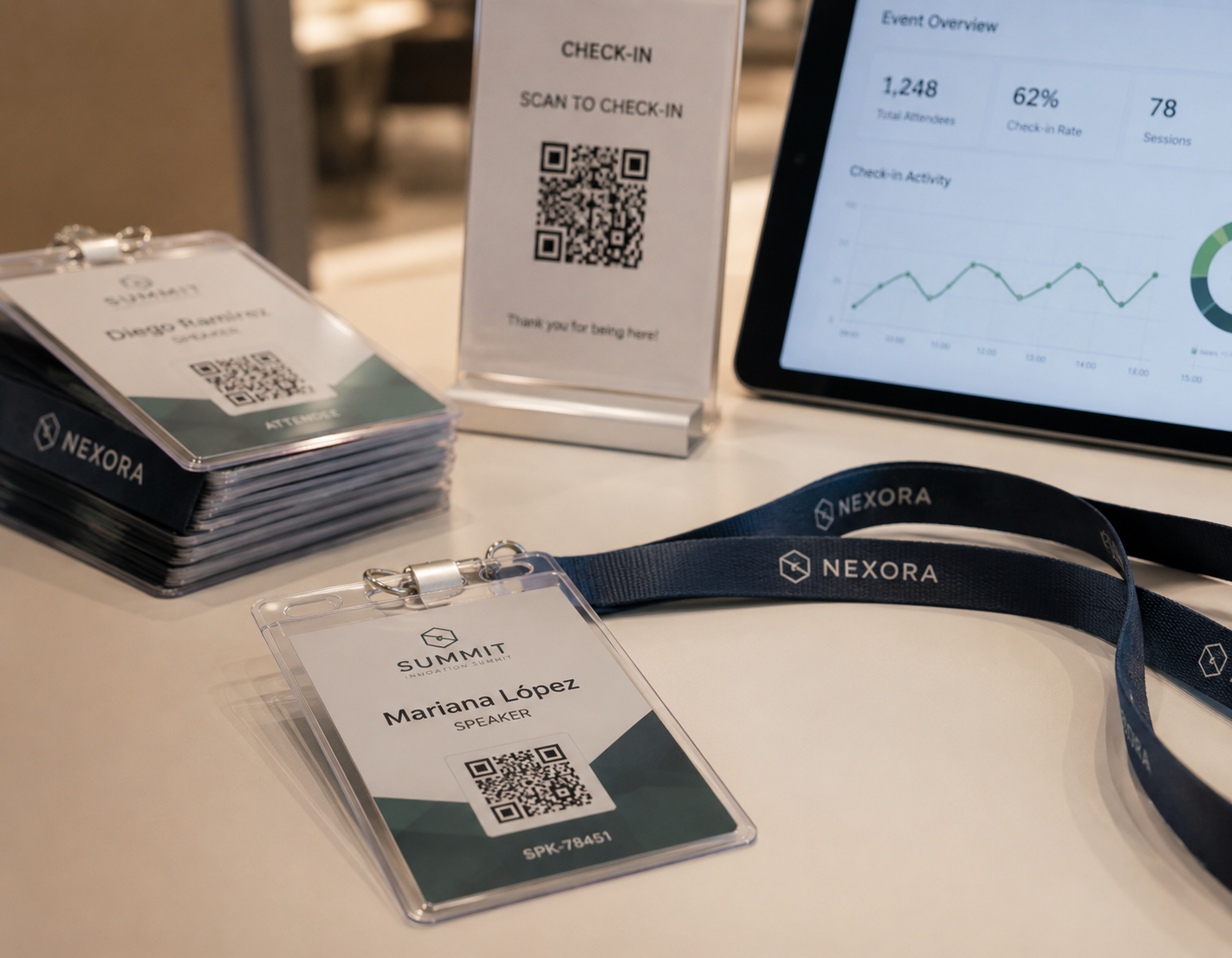 Credencial de evento com QR rastreável para networking e circulação no evento