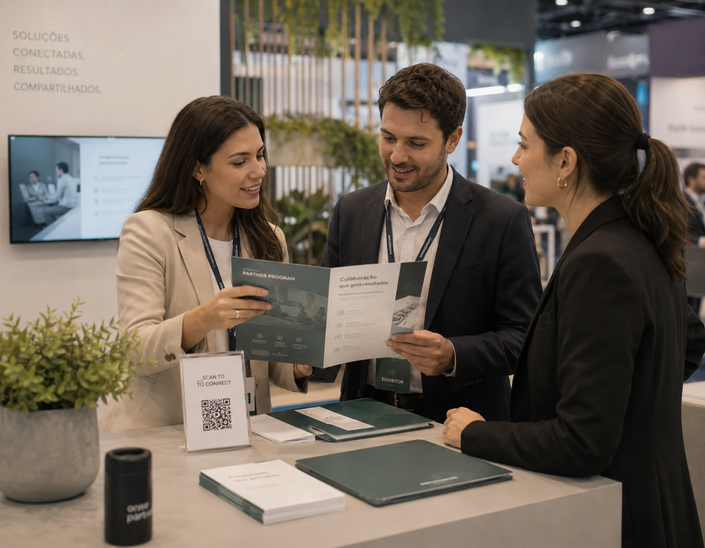Parceiros e expositores usando QR Code por stand e material distribuído em evento