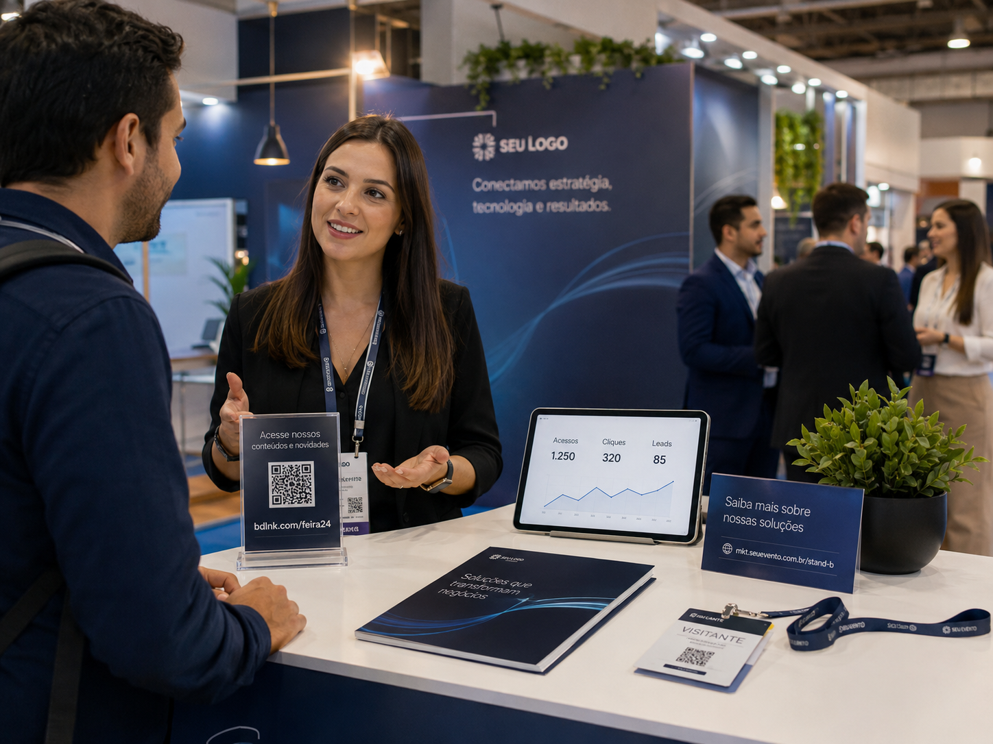 Stand de feira com QR Code, link curto e métricas para medir interações presenciais