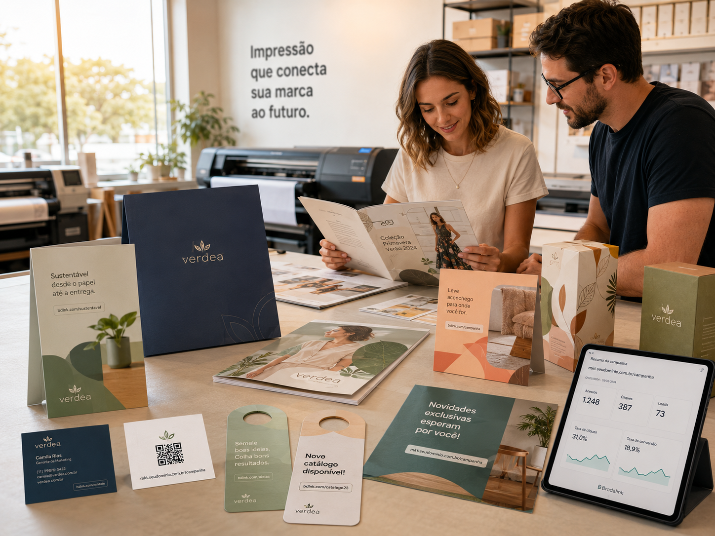 Materiais impressos com QR Codes, links rastreáveis e métricas de campanha