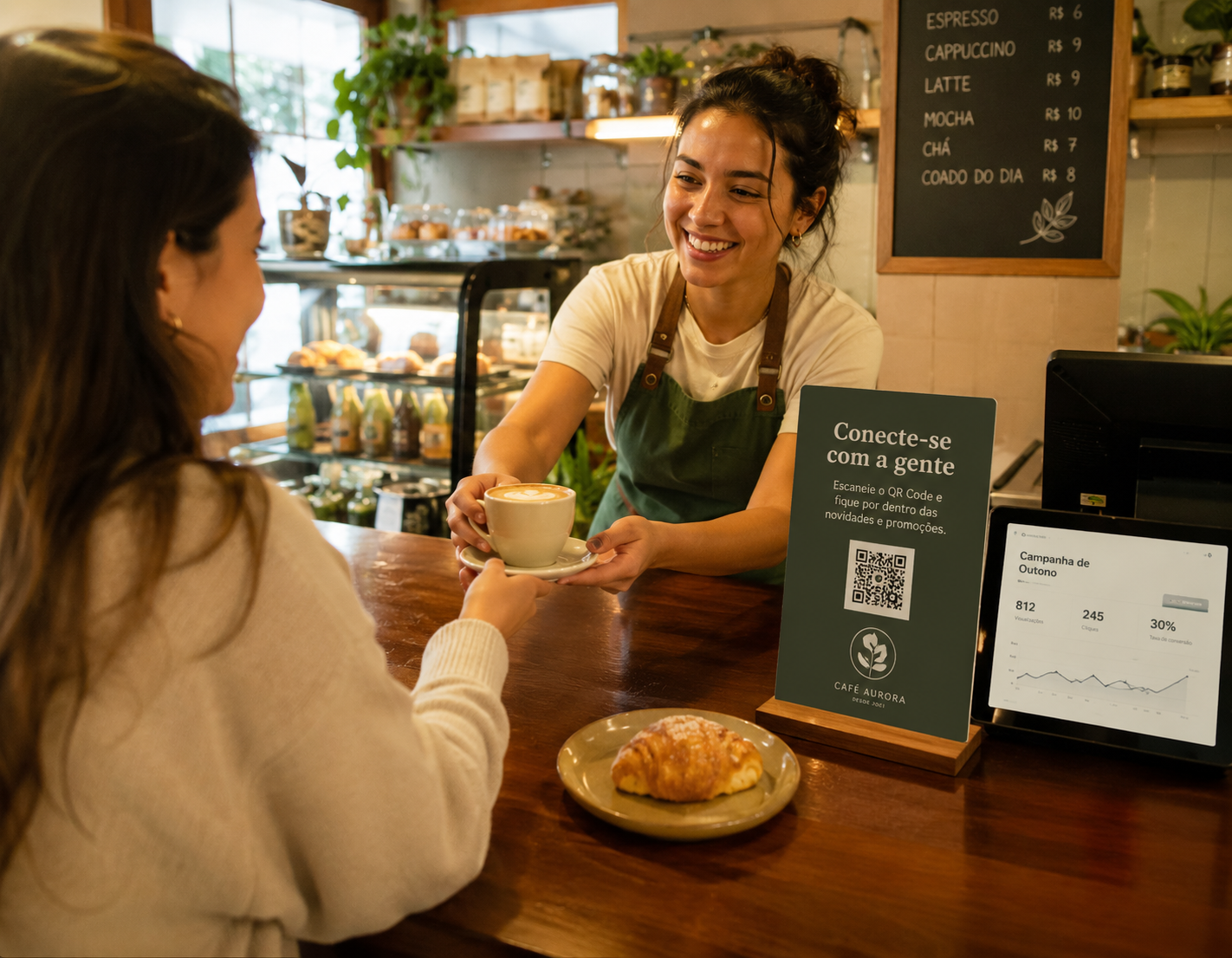 Bar ou cafeteria medindo materiais de balcão e displays com QR Code rastreável