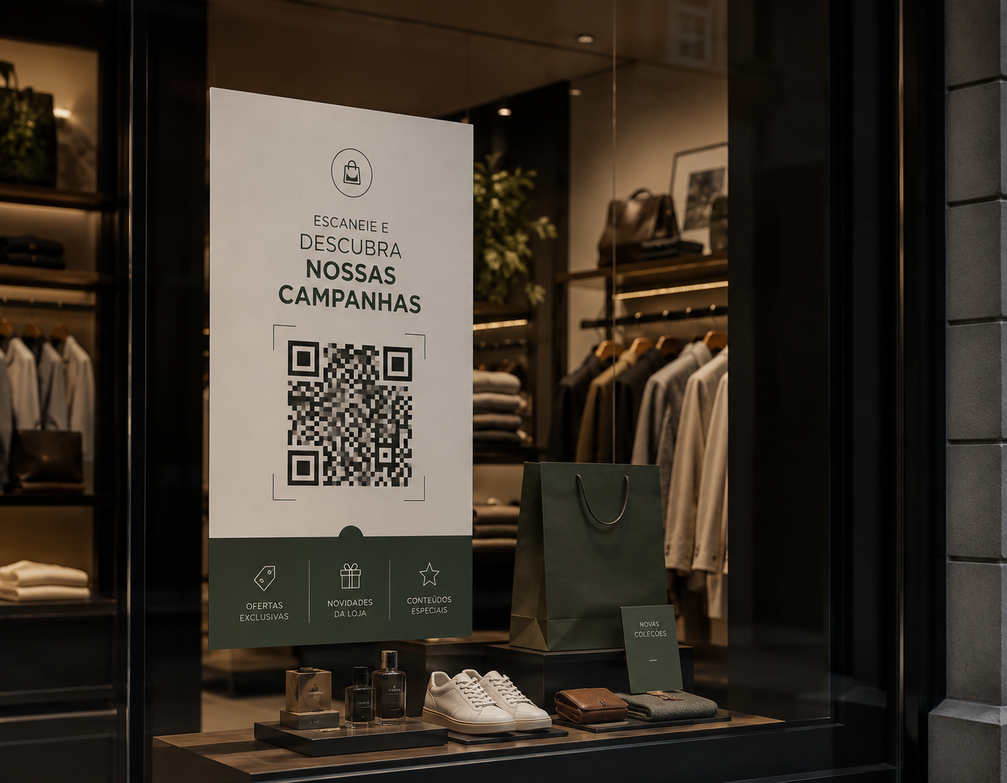 Vitrine de loja física com QR Code levando para campanha promocional